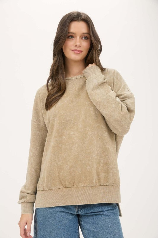Washed Side Split Long Sleeve Knit Top