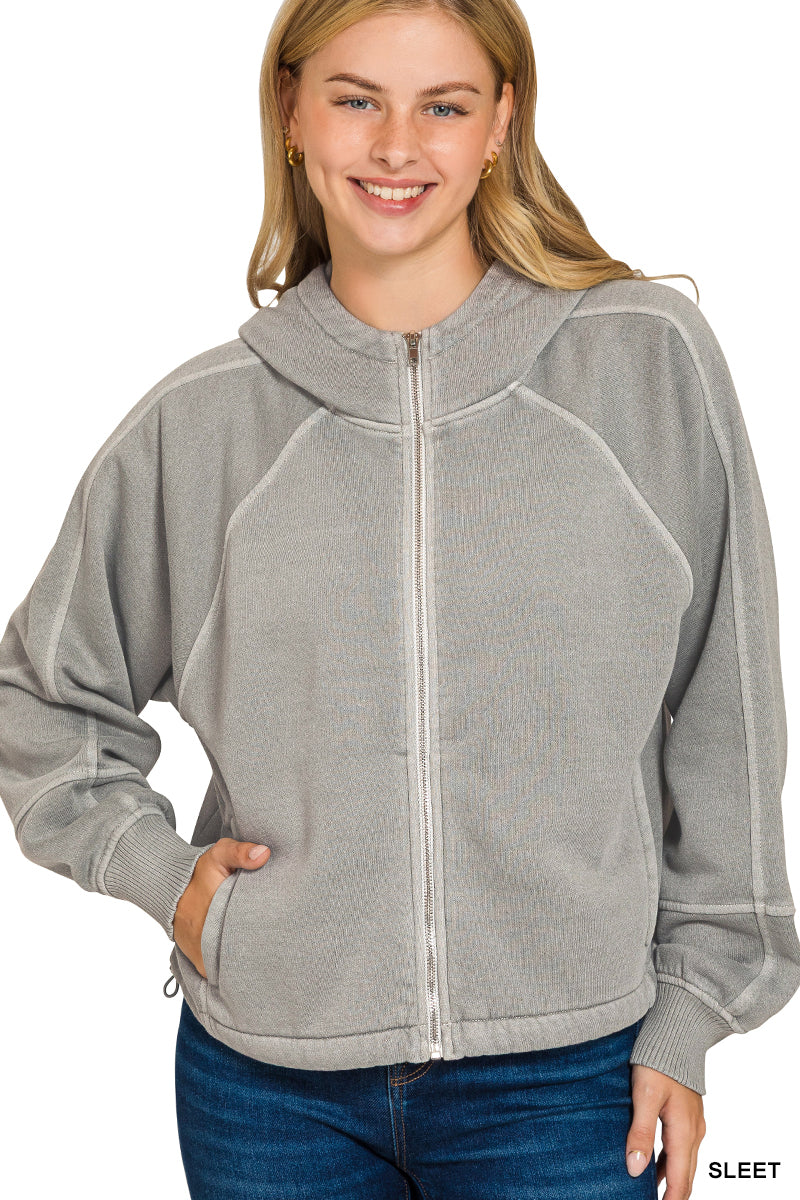 Fleece pigment dye zip up hoodie w pockets