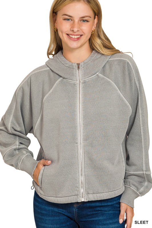 Fleece pigment dye zip up hoodie w pockets