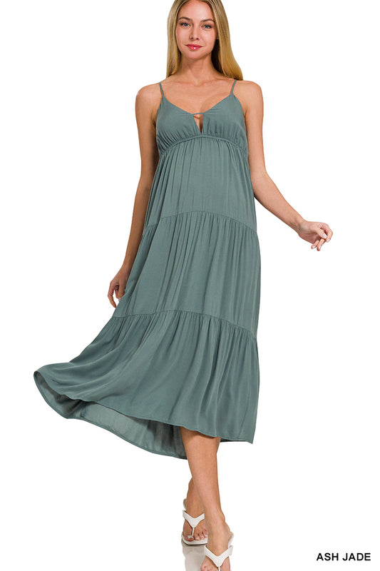 Woven sweetheart neckline tiered cami midi dress