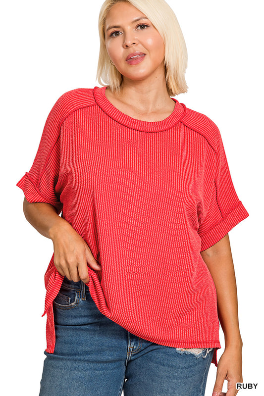 Raised rib cuff sleeve raw edge top