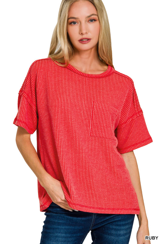 Raised rib exposed seam short sleeve top