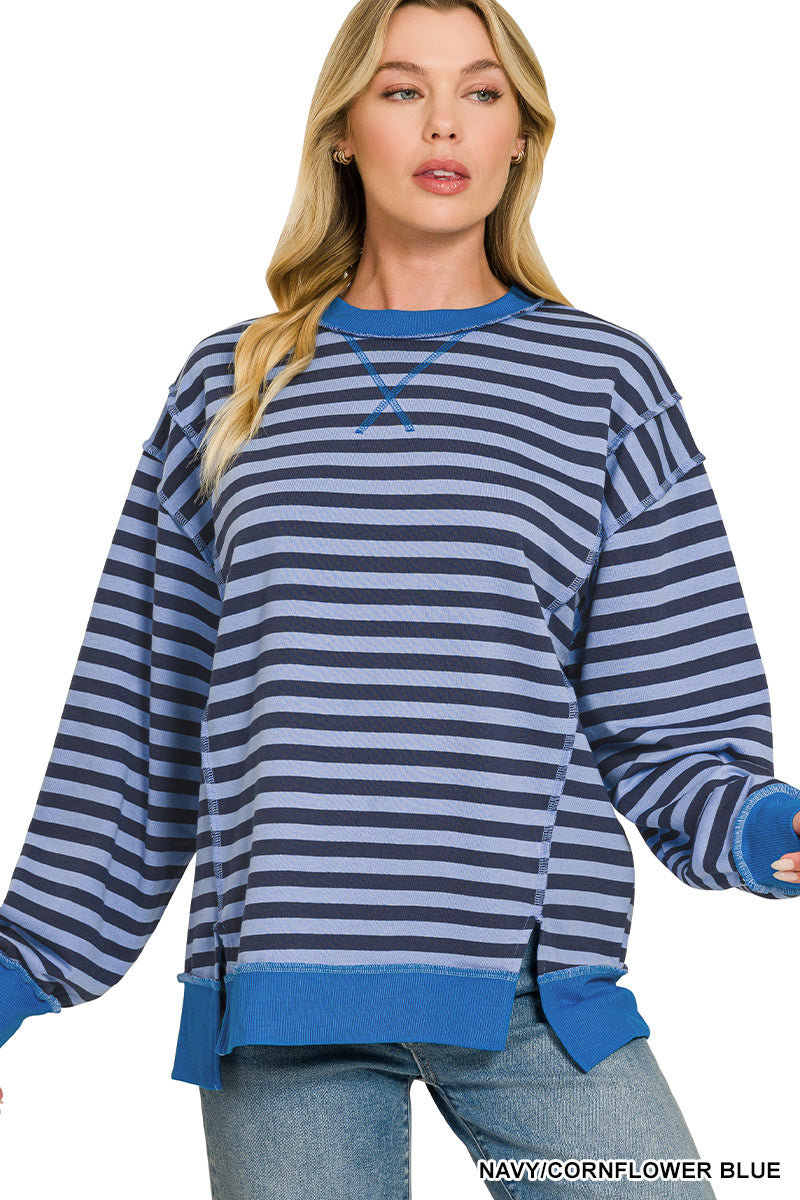 French terry striped long sleeve pullover