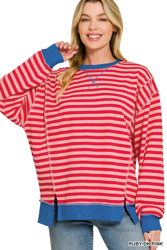 French terry striped long sleeve pullover