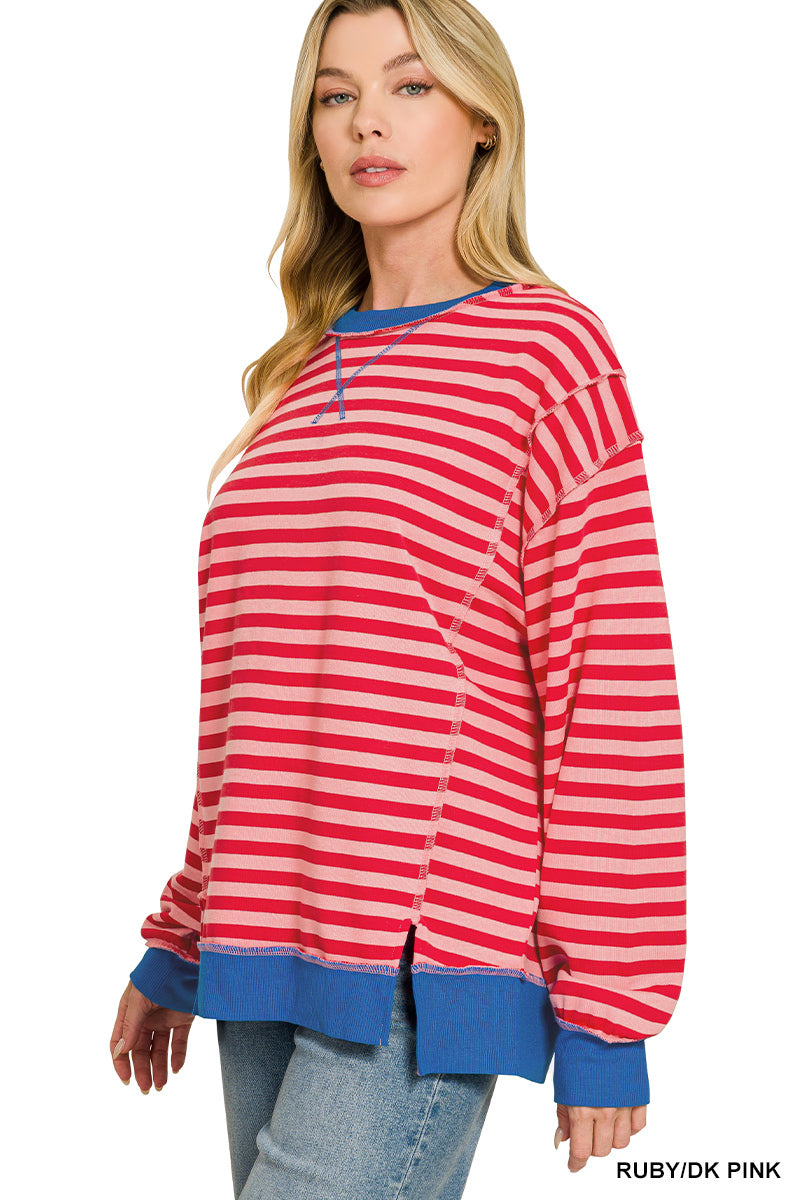 French terry striped long sleeve pullover