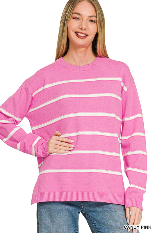 Viscose striped round neck sweater