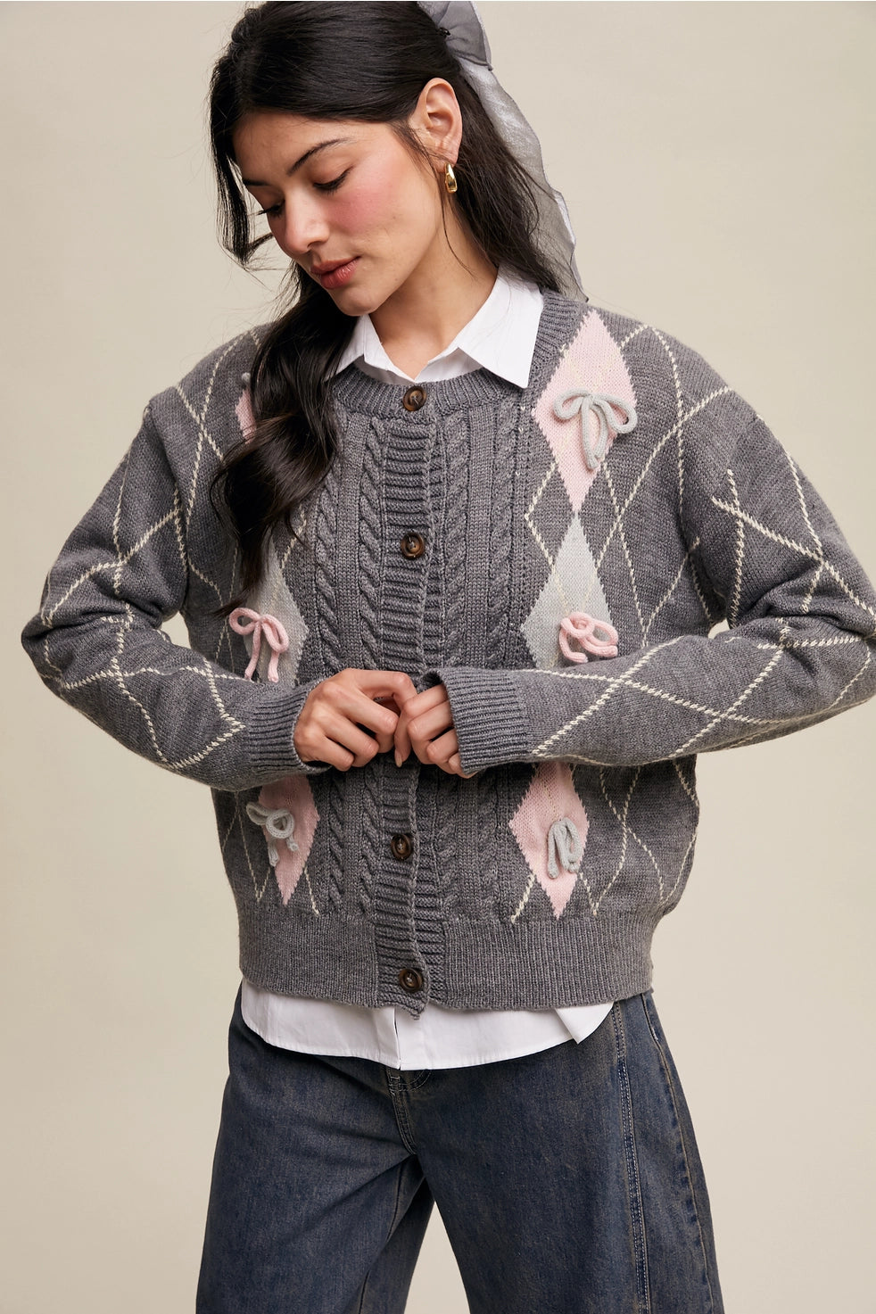 Argyle Bow Detail Knit Cardigan