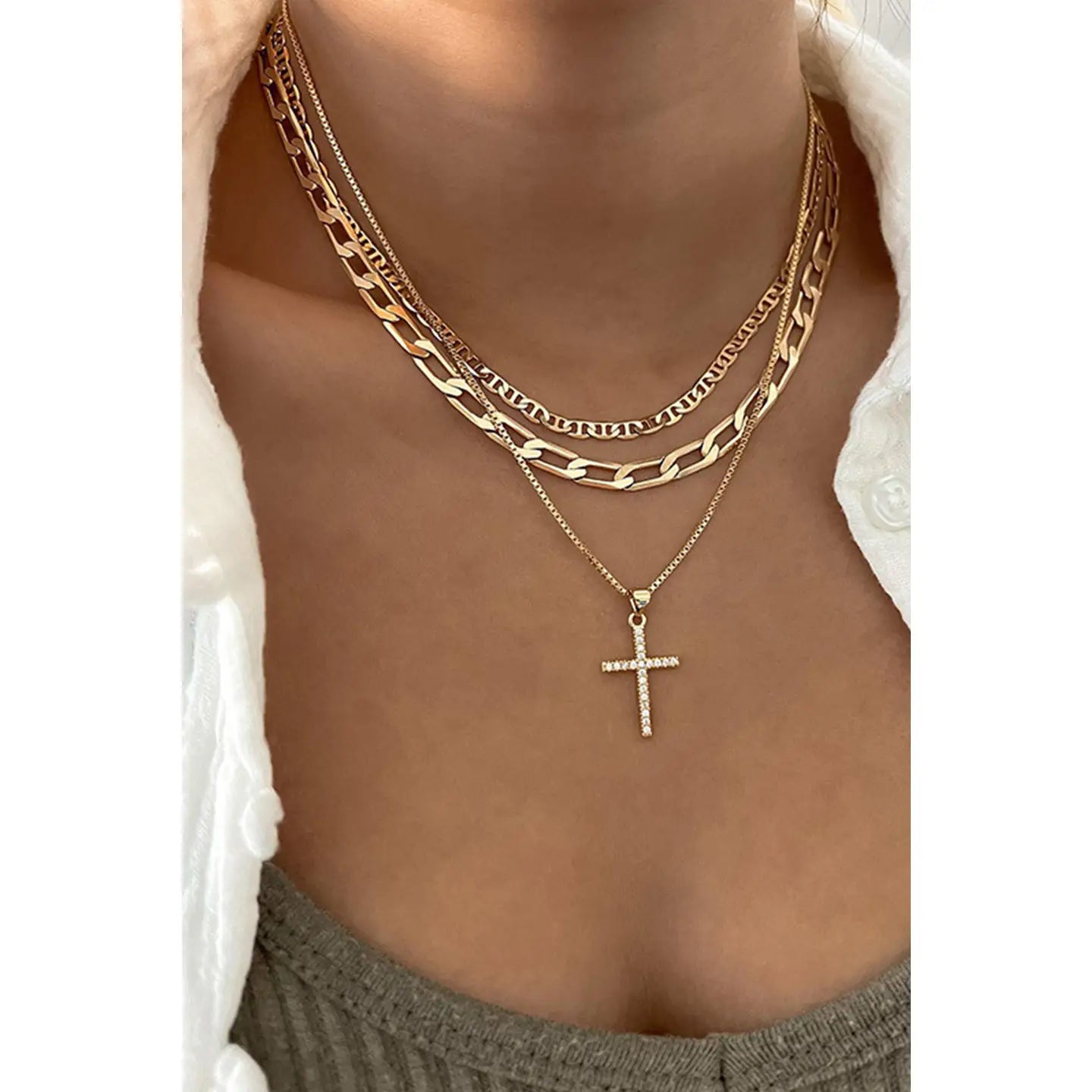 Plated Cross Pendant Multi Layer Stacked Chains Necklace