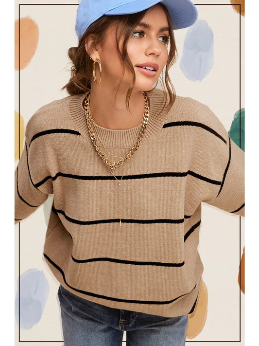 Loose Fit Stripe Long Sleeve Crewneck Sweater