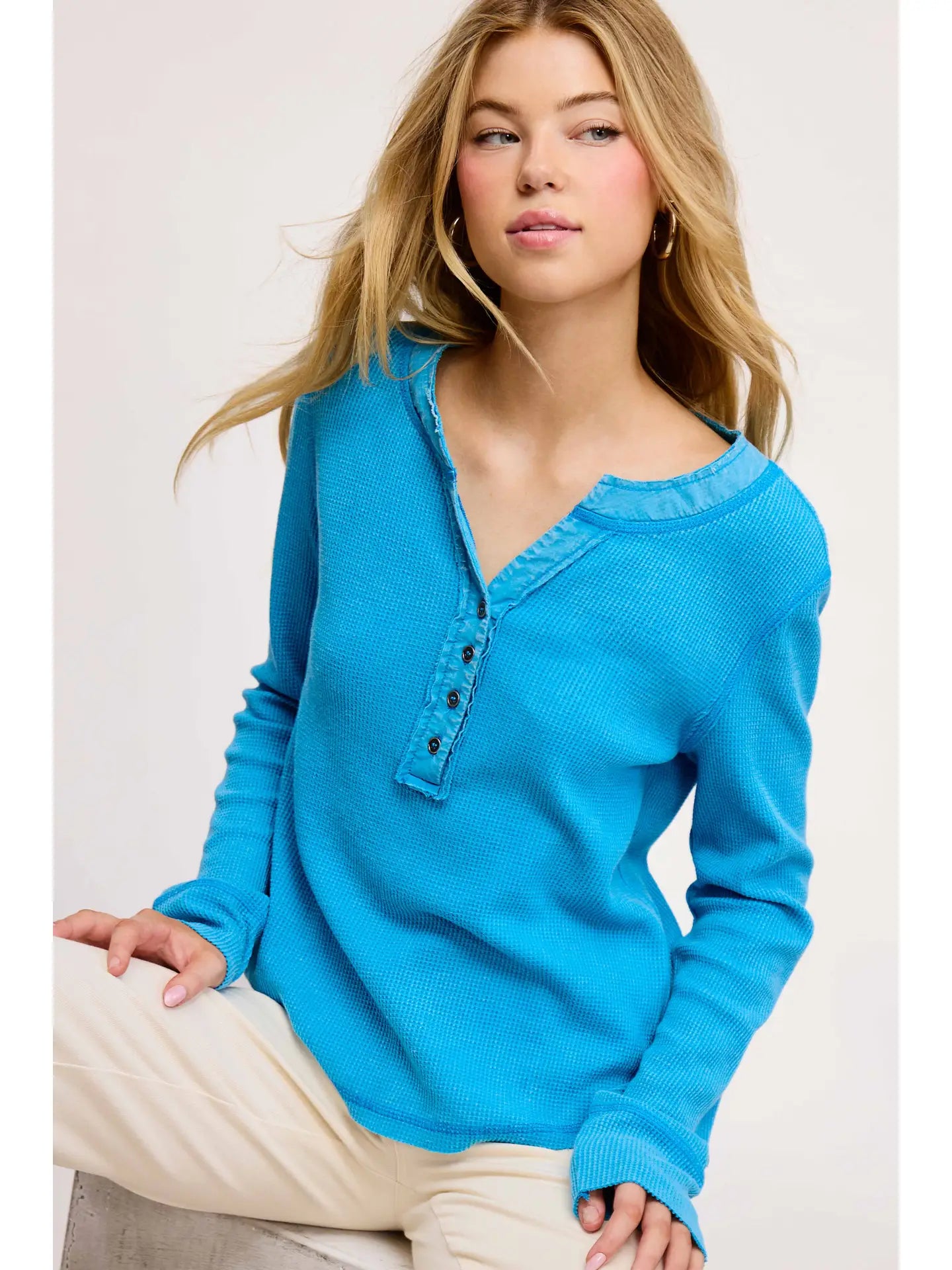 Waffle Long Sleeve Button Front Henley Thermal Top