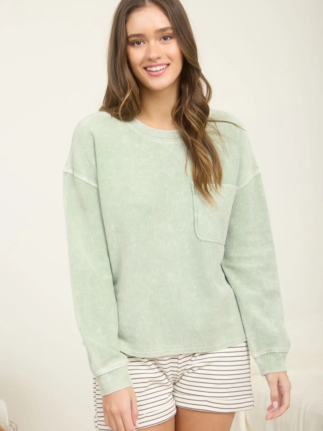 Washed Pocket Detail Long Sleeve Rib Knit Top