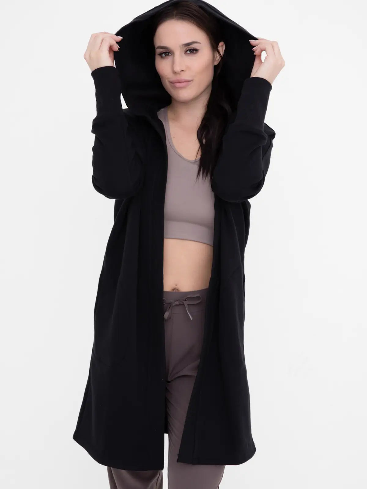 Open Front Longline Hoodie Cardigan with Fleece Lining