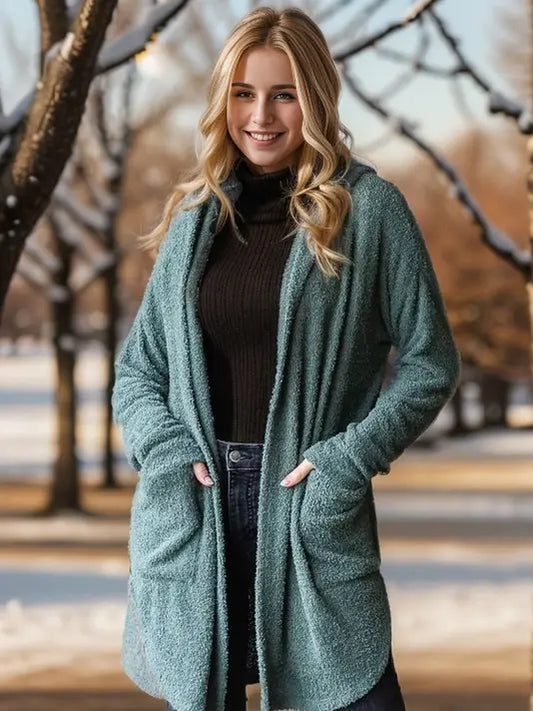 Long Sleeve Solid Cozy Knit Hoodie Open Cardigan