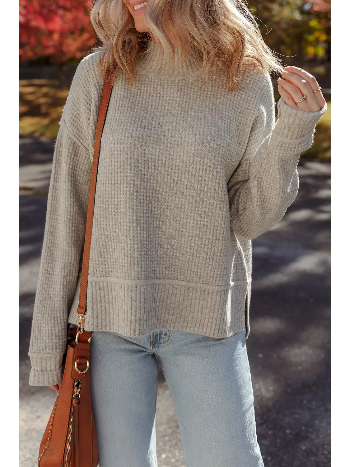 Waffle Texture Knit Ribbed Mock Neck Sweater