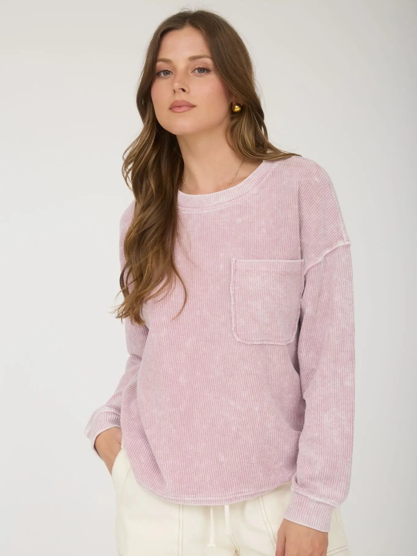 Washed Pocket Detail Long Sleeve Rib Knit Top