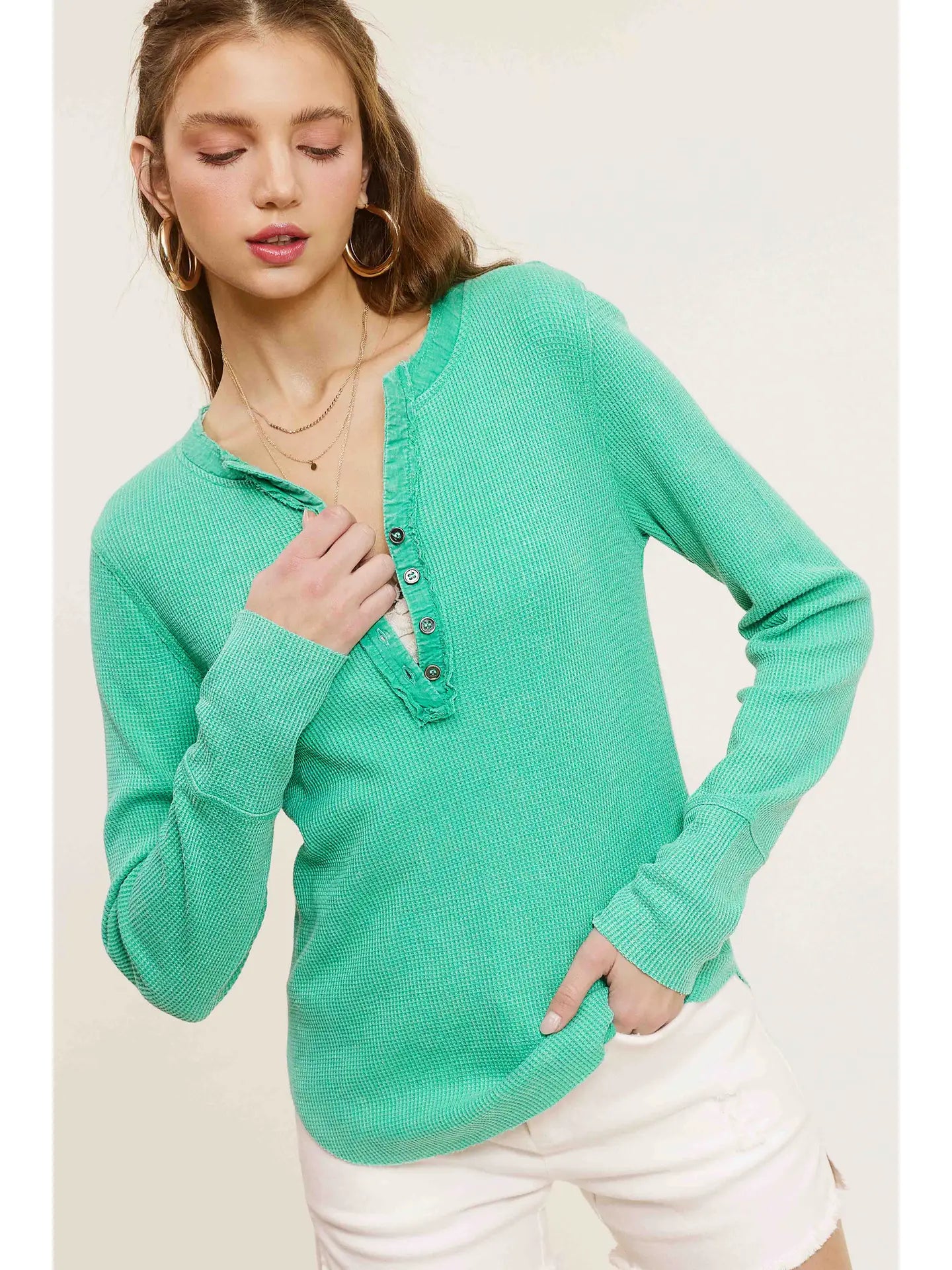 Waffle Long Sleeve Button Front Henley Thermal Top