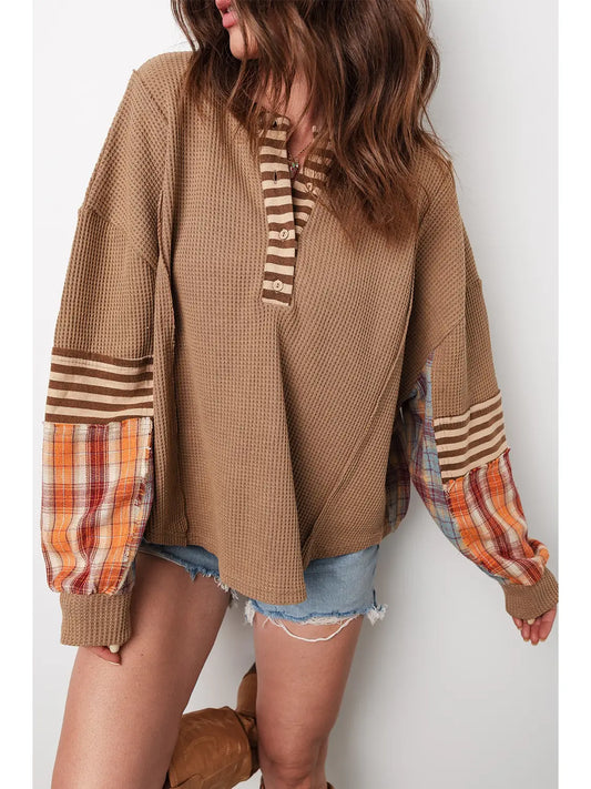 Waffle Stripe Plaid Patchwork Henley Knit Top- multiple colors